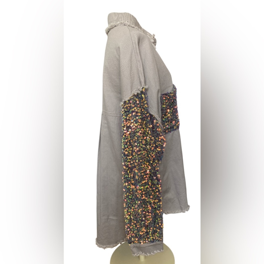 NWT Fantastic Fawn Light Grey Sequin Sleeve Shacket Oversized Jacket size S - Picture 15 of 16